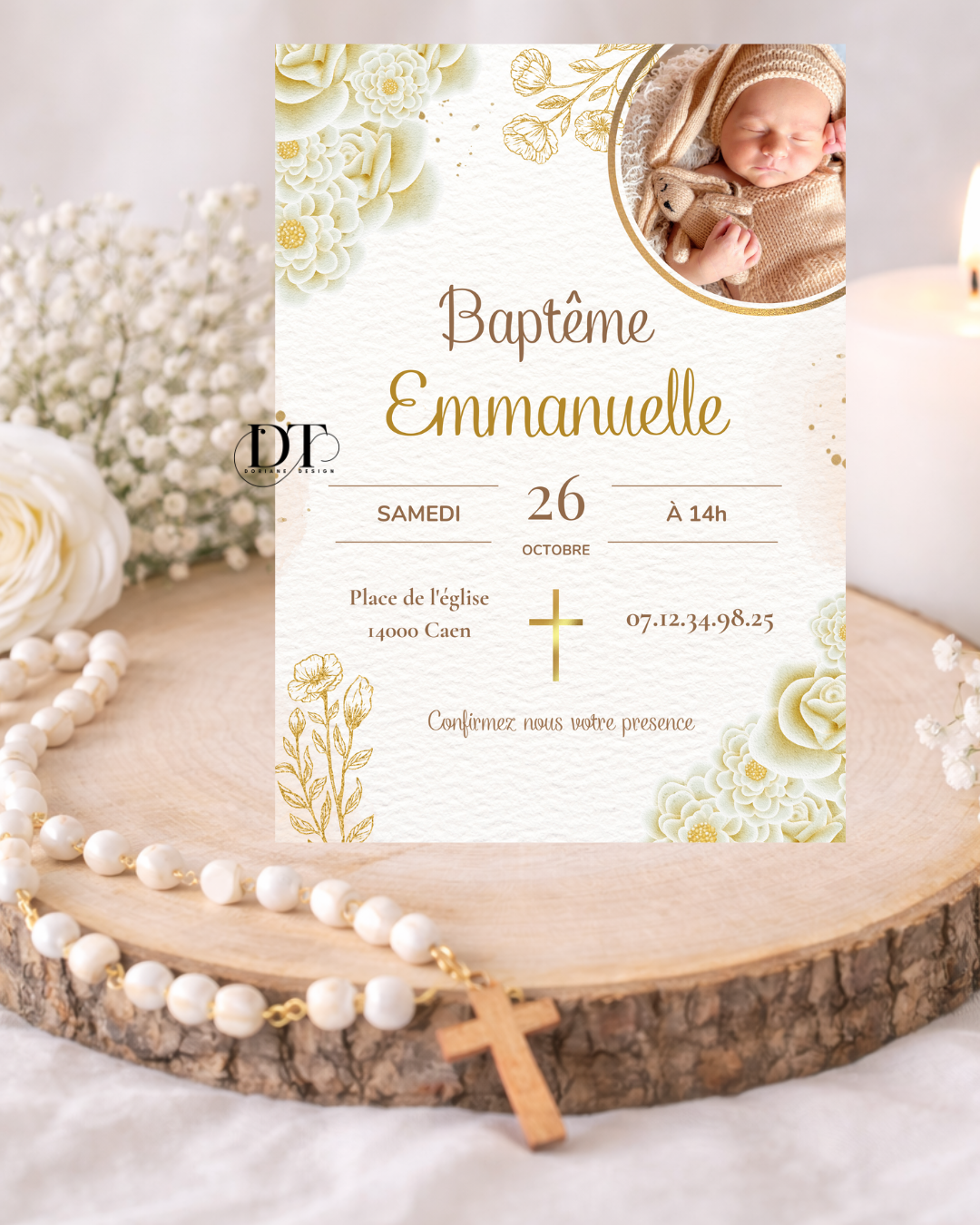 Faire-part de baptême bébé floral blanc or