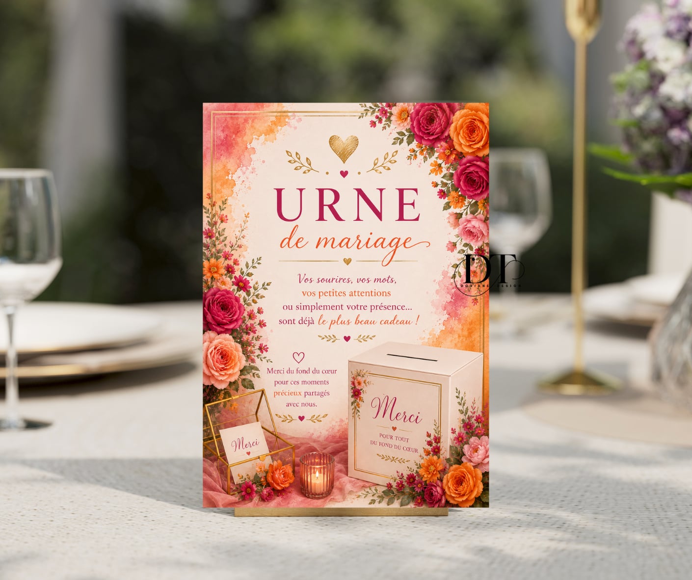Panneau Urne de mariage personnalisé affiche urne mariage fushia orange