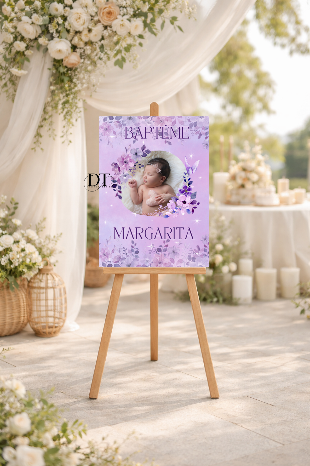 Affiche décoration de baptême floral violet