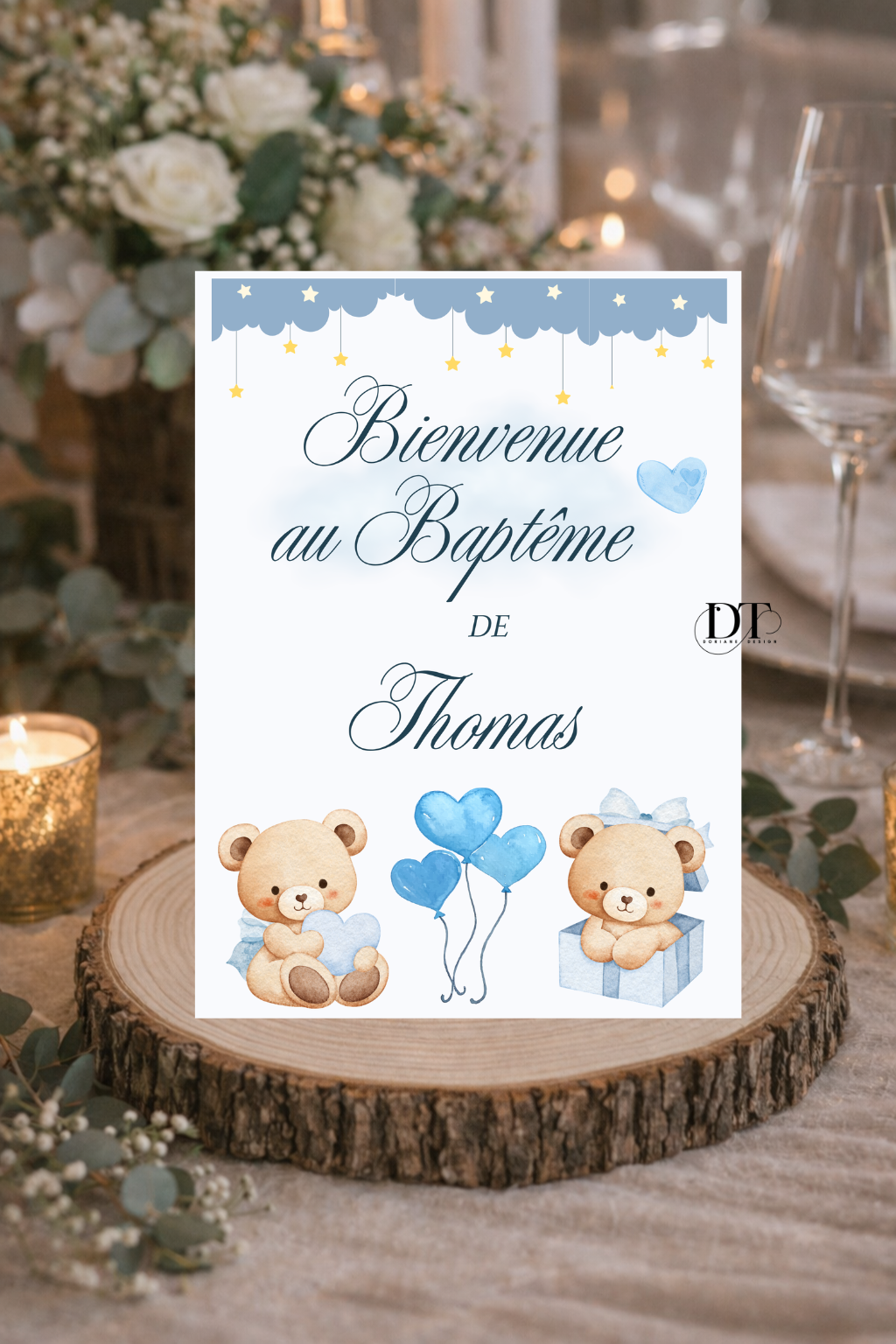 Panneau baptême oursons bleus & cœurs