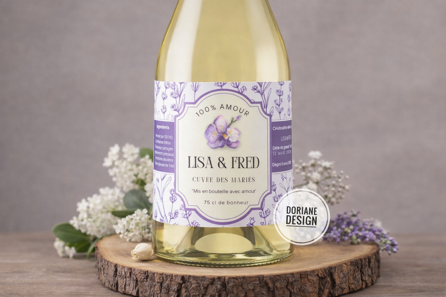 Etiquette bouteille personnalisé mariage floral violet