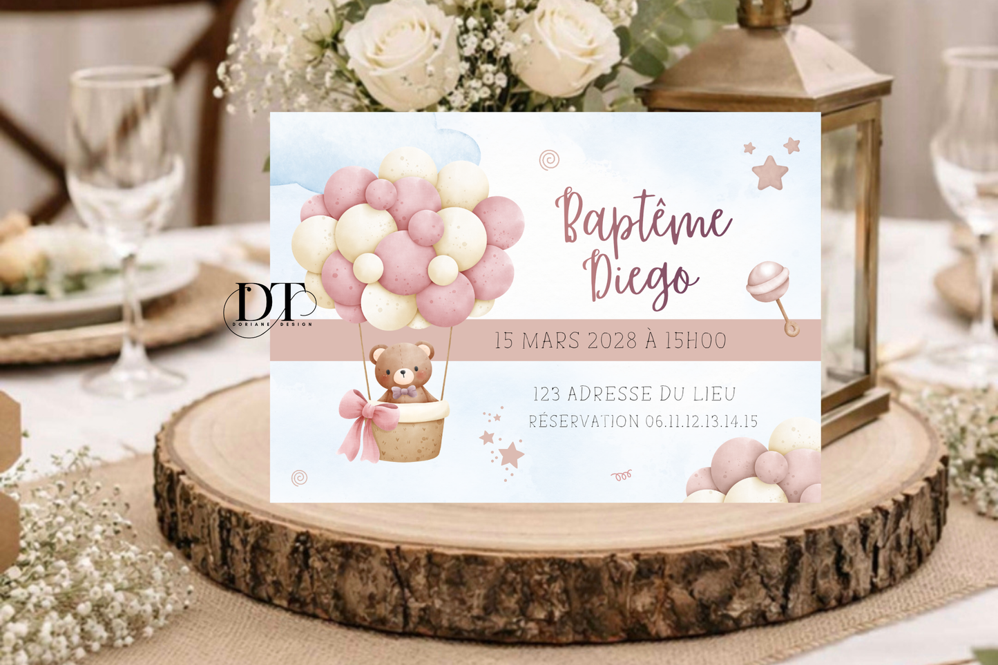 Faire-part de baptême oursons rose