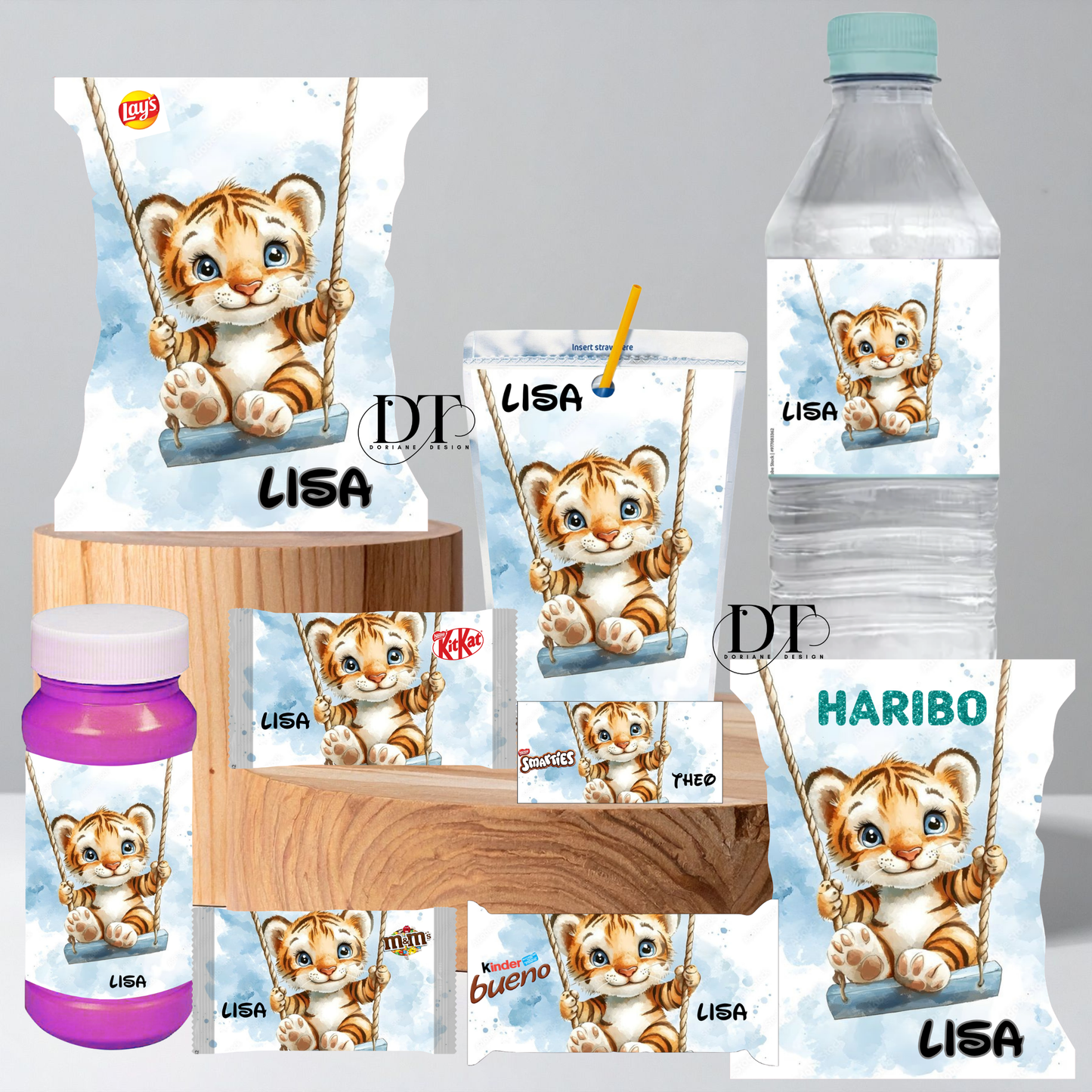 Emballages personnalisés bonbons et chocolats bébé tigre ton bleu