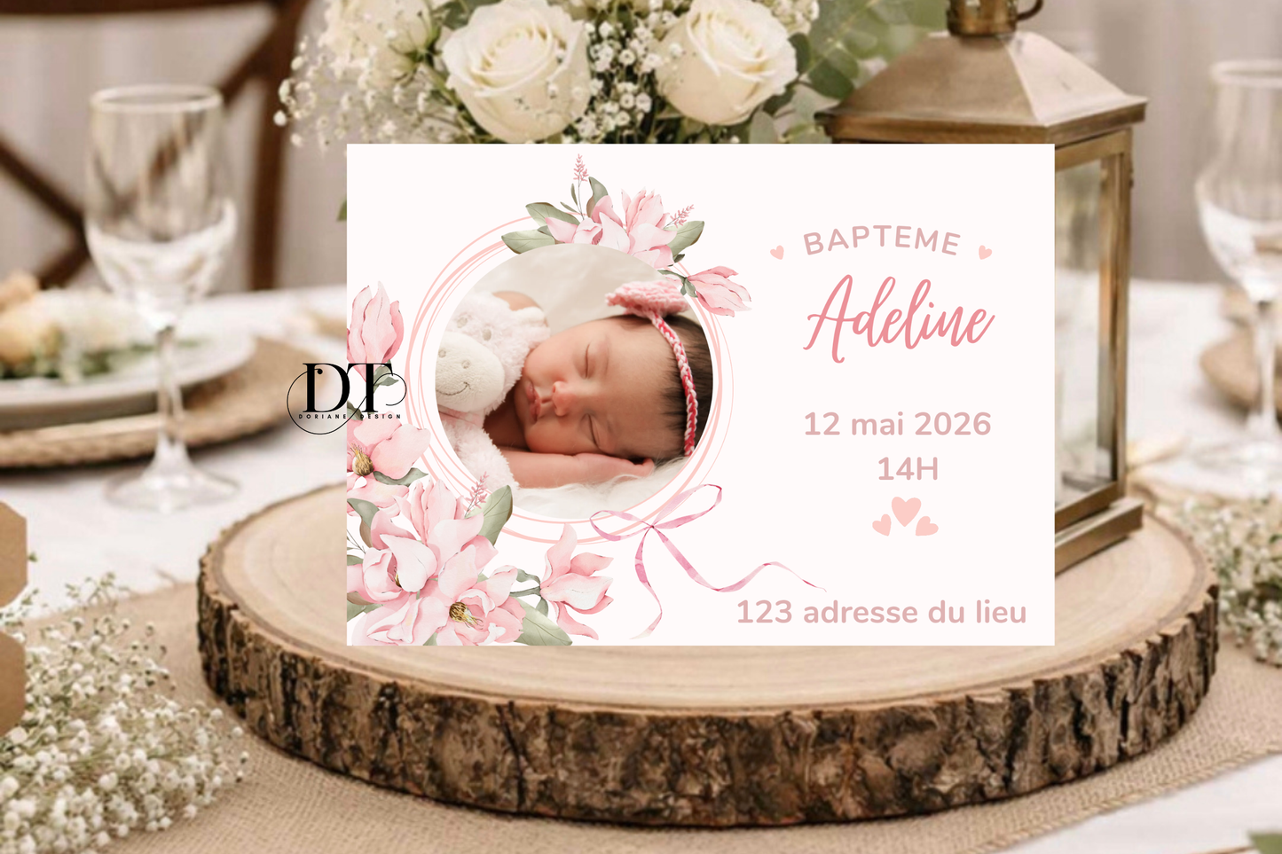 Faire-part de baptême floral ton rose