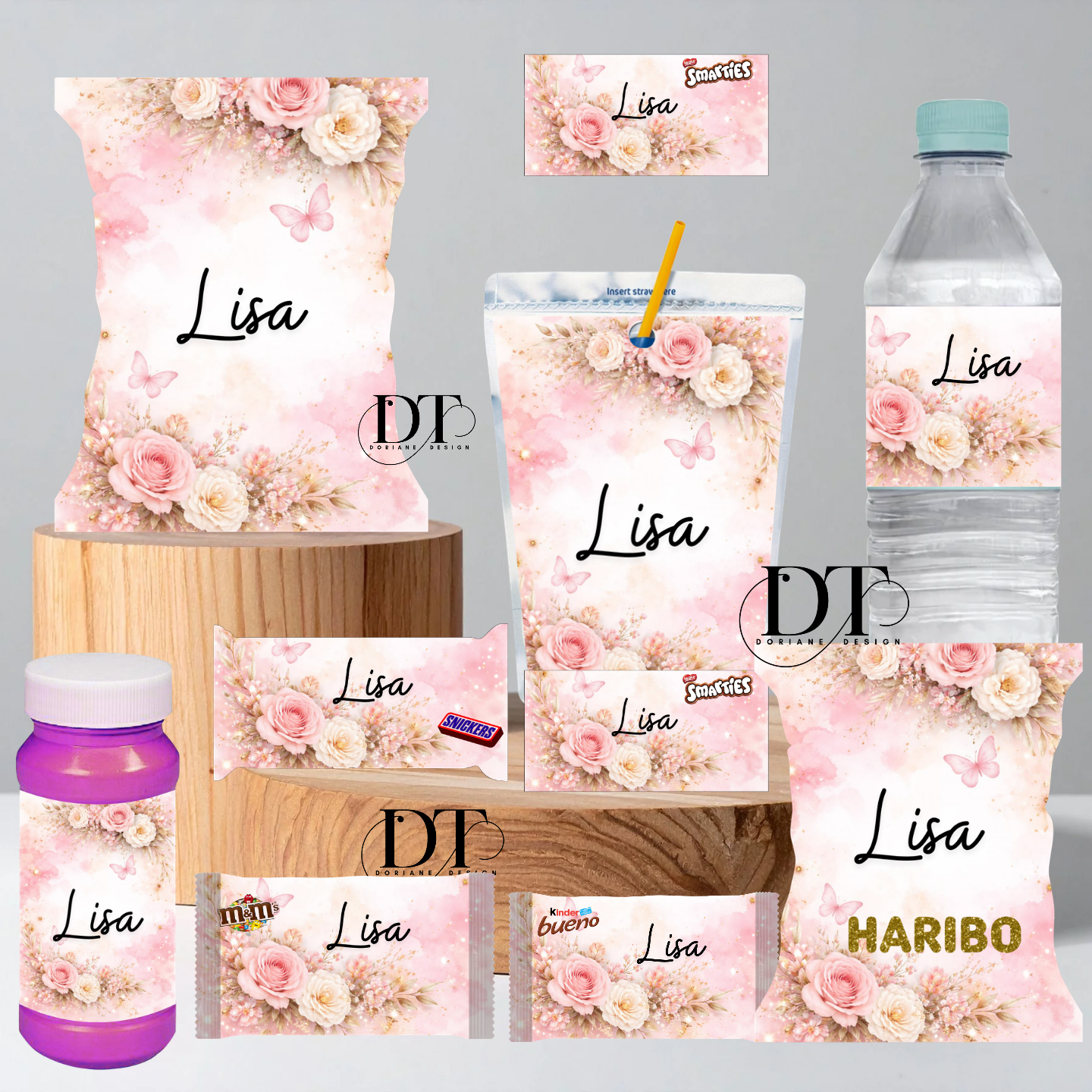 Emballages personnalisés bonbons et chocolats Floral fond rose