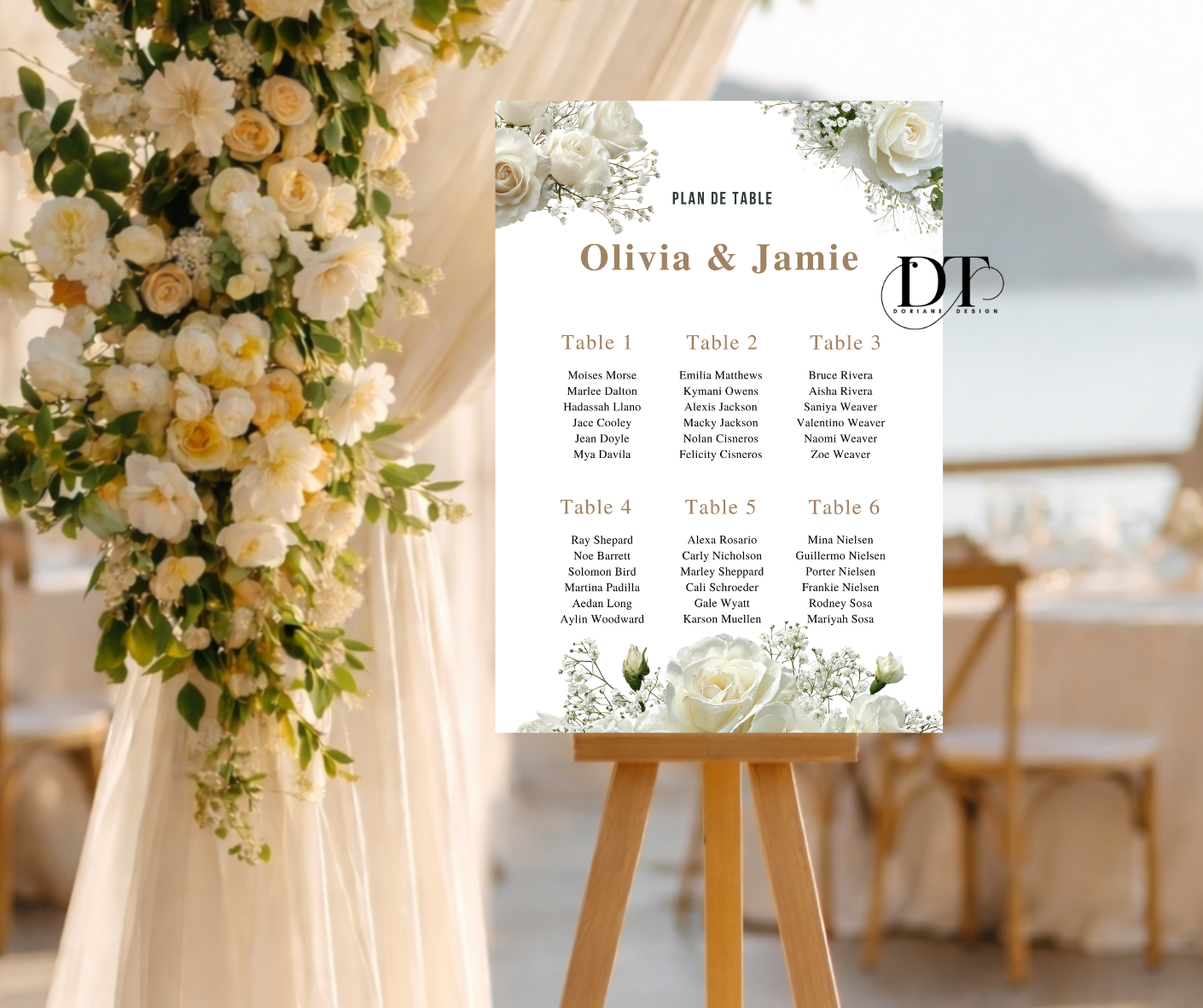 Plan de table personnalisé floral roses blanches panneau métal A4 panneau plan de table mariage baptême anniversaire Plan de table
