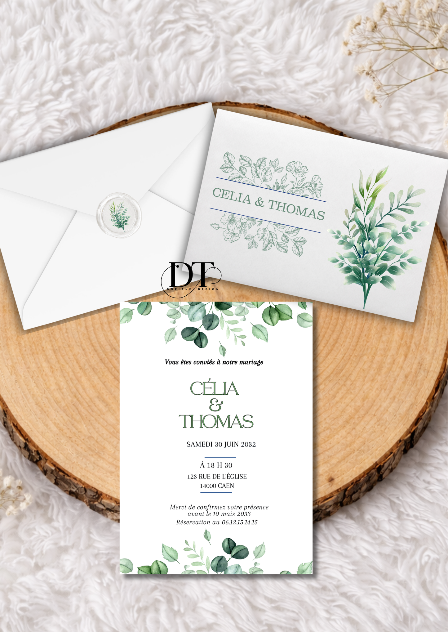 Faire-part mariage Eucalyptus vert floral avec enveloppe & cachet de cire assorti – faire part Personnalisé