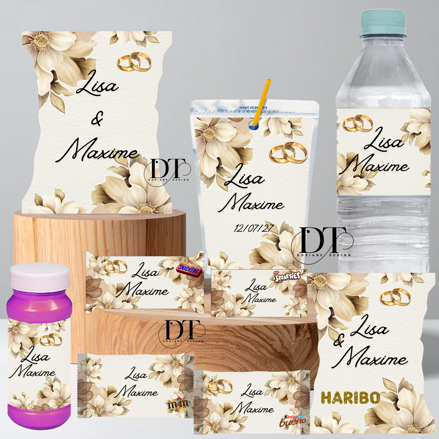 Emballages mariage Bonbons et chocolats décoration mariage floral beige crème et alliances