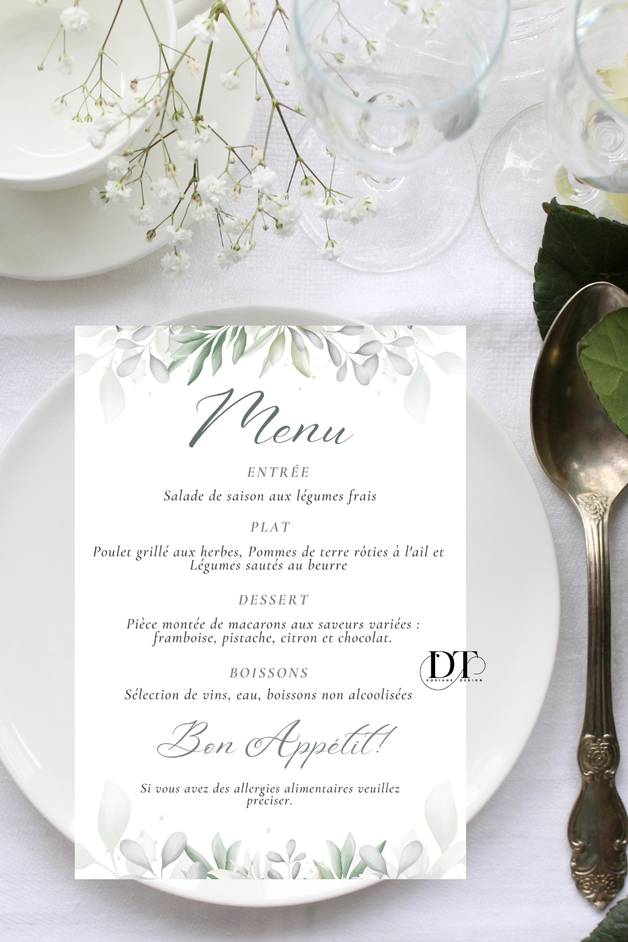Menu mariage Minimaliste Vert Clair & Nature épurée