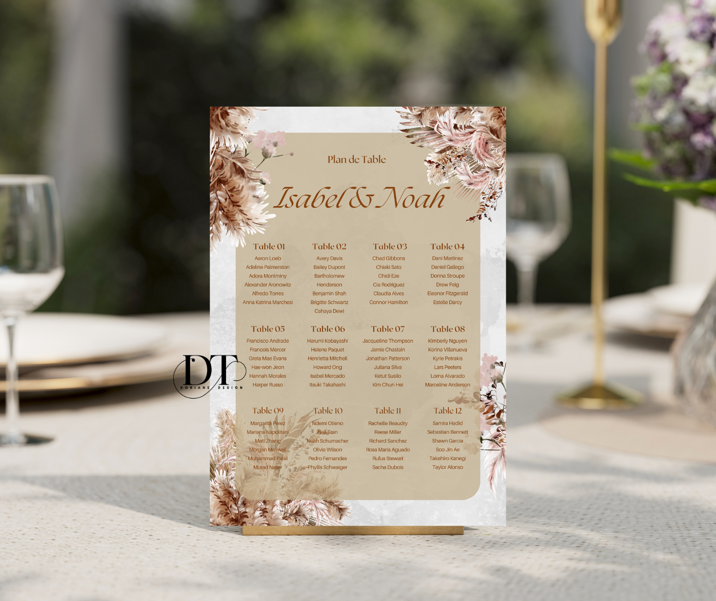 Plan de table personnalisé champetre pampa panneau métal A4 panneau plan de table mariage baptême anniversaire Plan de table champêtre