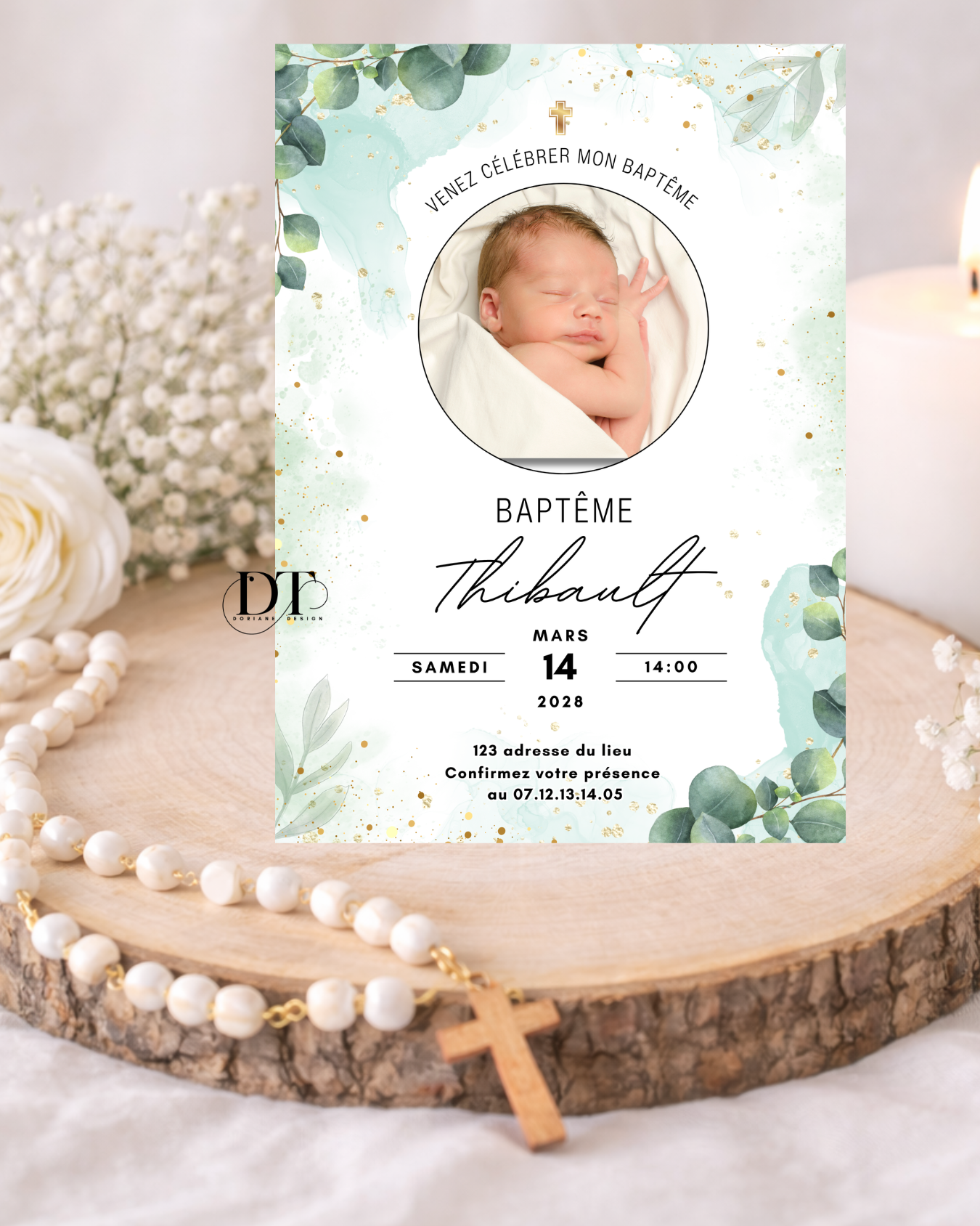 Faire-part de baptême floral vert