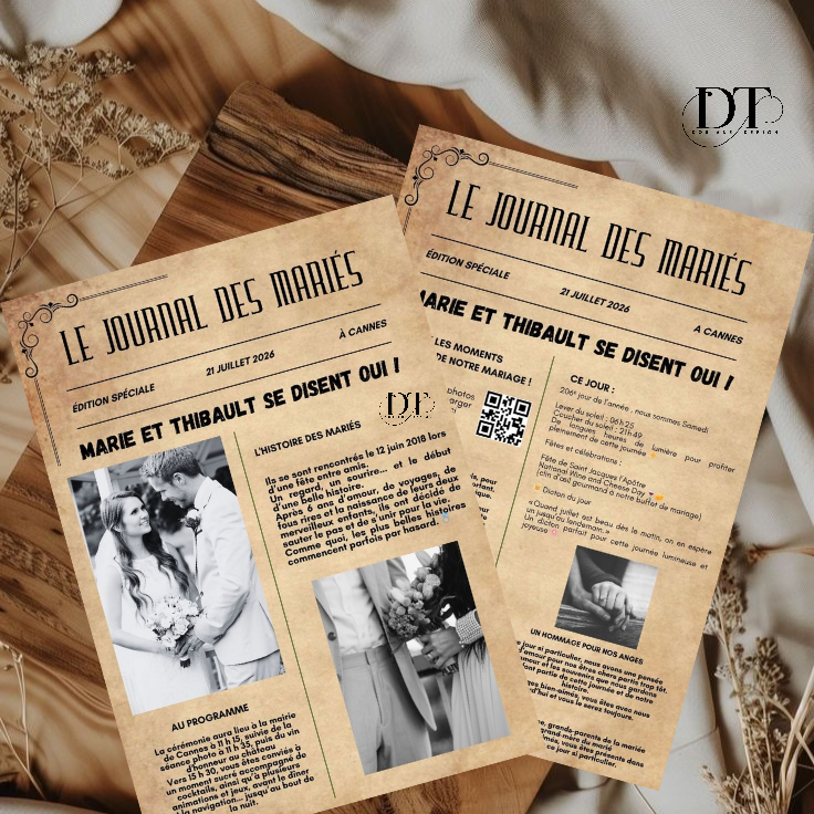 Gazette des Mariés Personnalisée – Journal de Mariage papier cartonné kraft