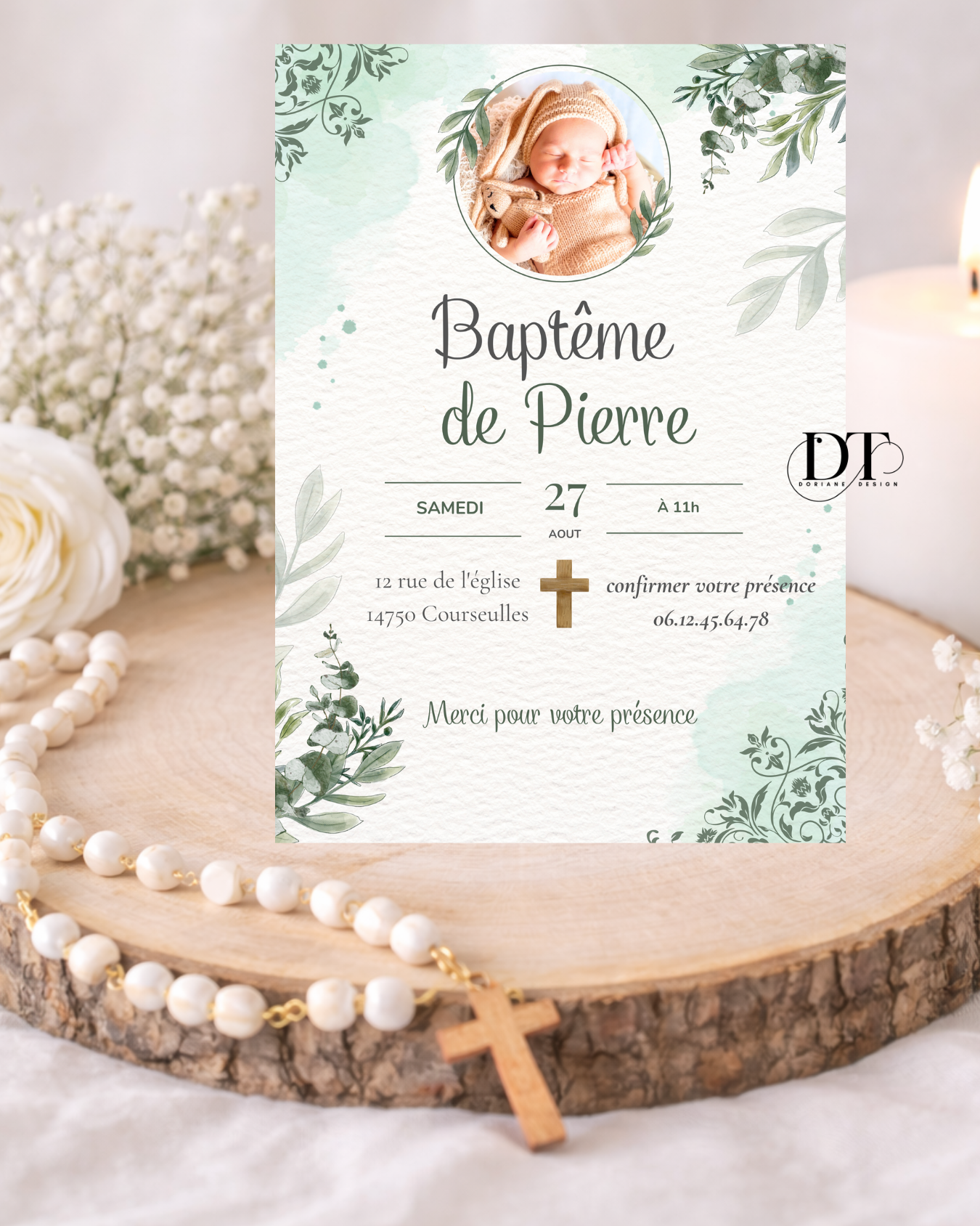 Faire-part de baptême personnalisé floral vert