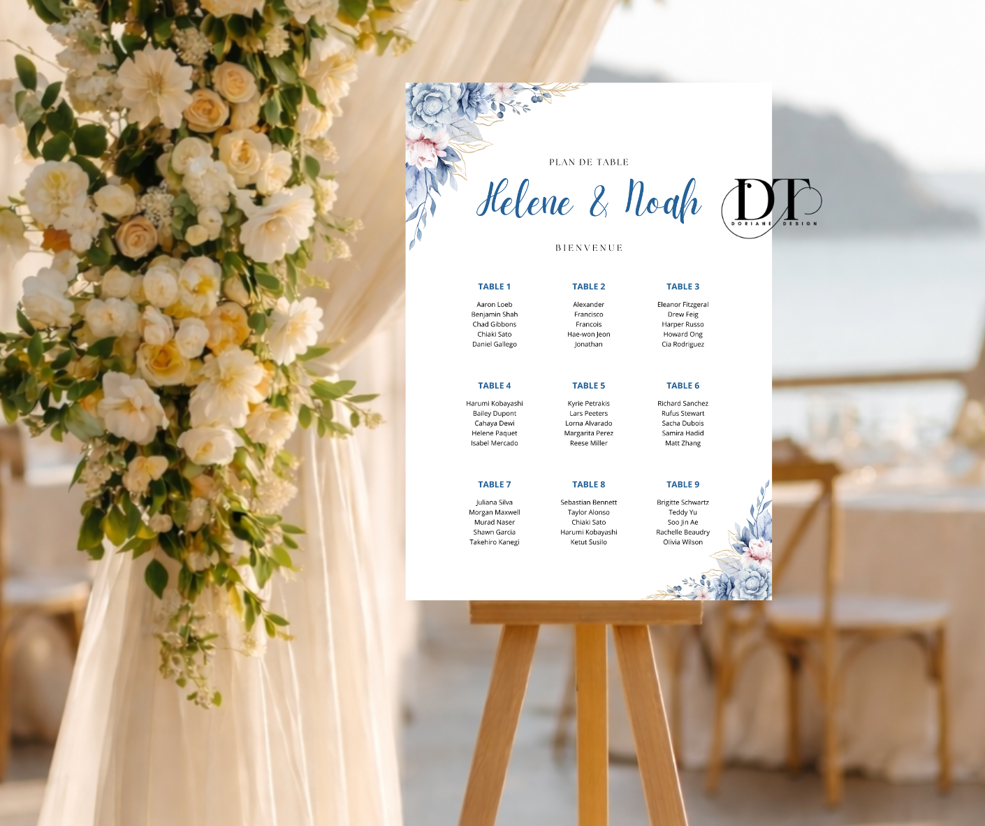 Plan de table personnalisé floral bleu panneau métal A4 panneau plan de table mariage baptême anniversaire Plan de table