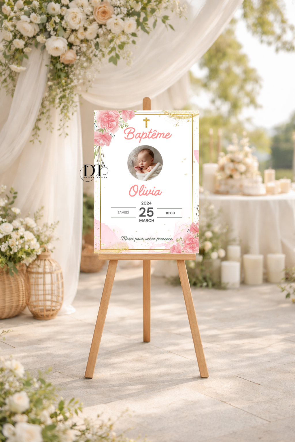Affiche décoration de baptême floral rose