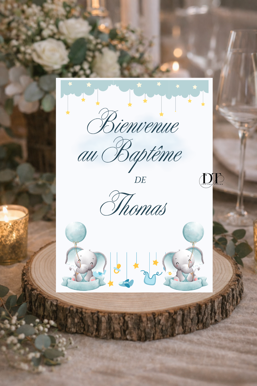 Panneau de bienvenue baptême Éléphant & Ciel étoilé bleu