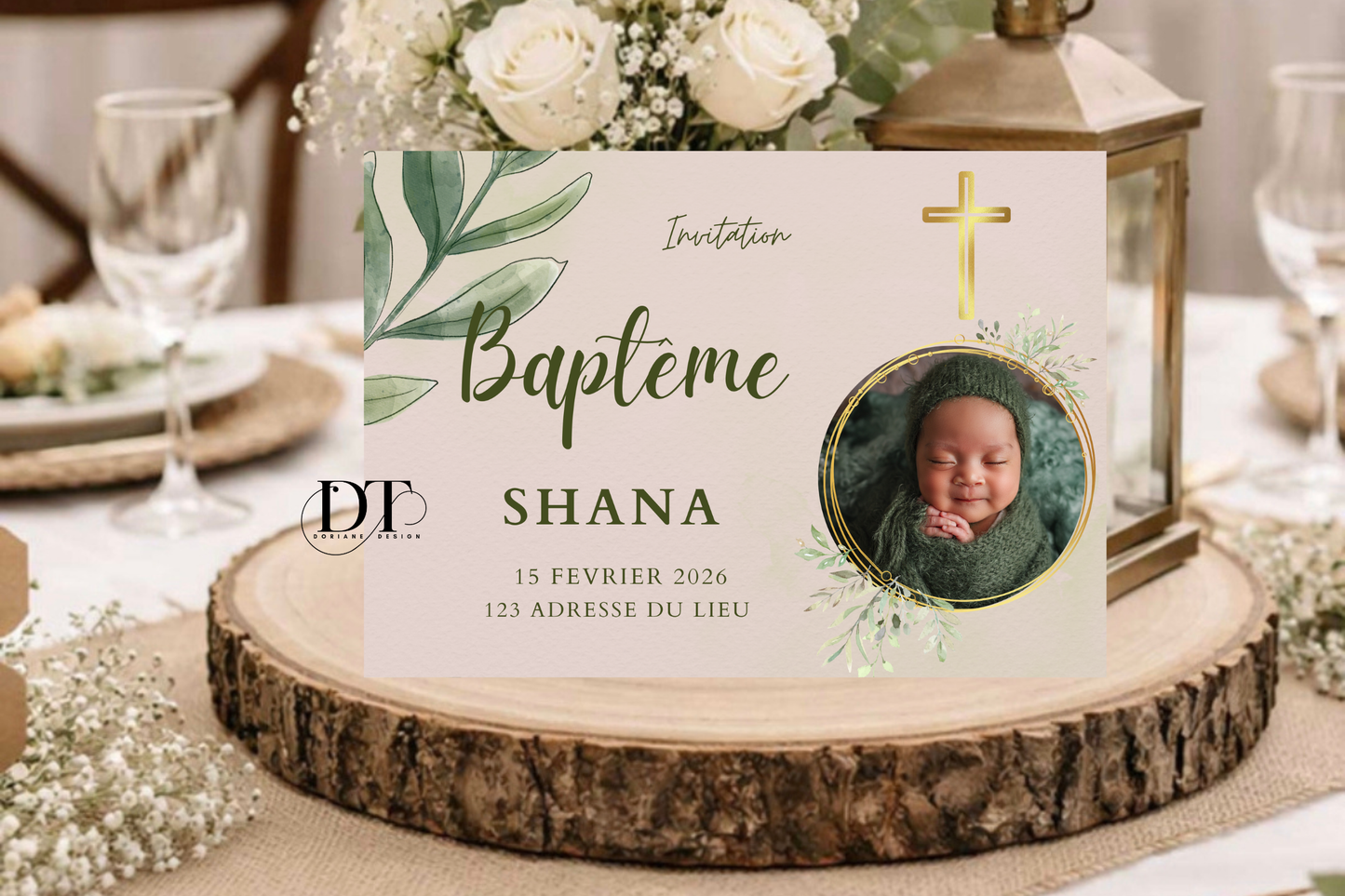 Faire-part de baptême floral vert