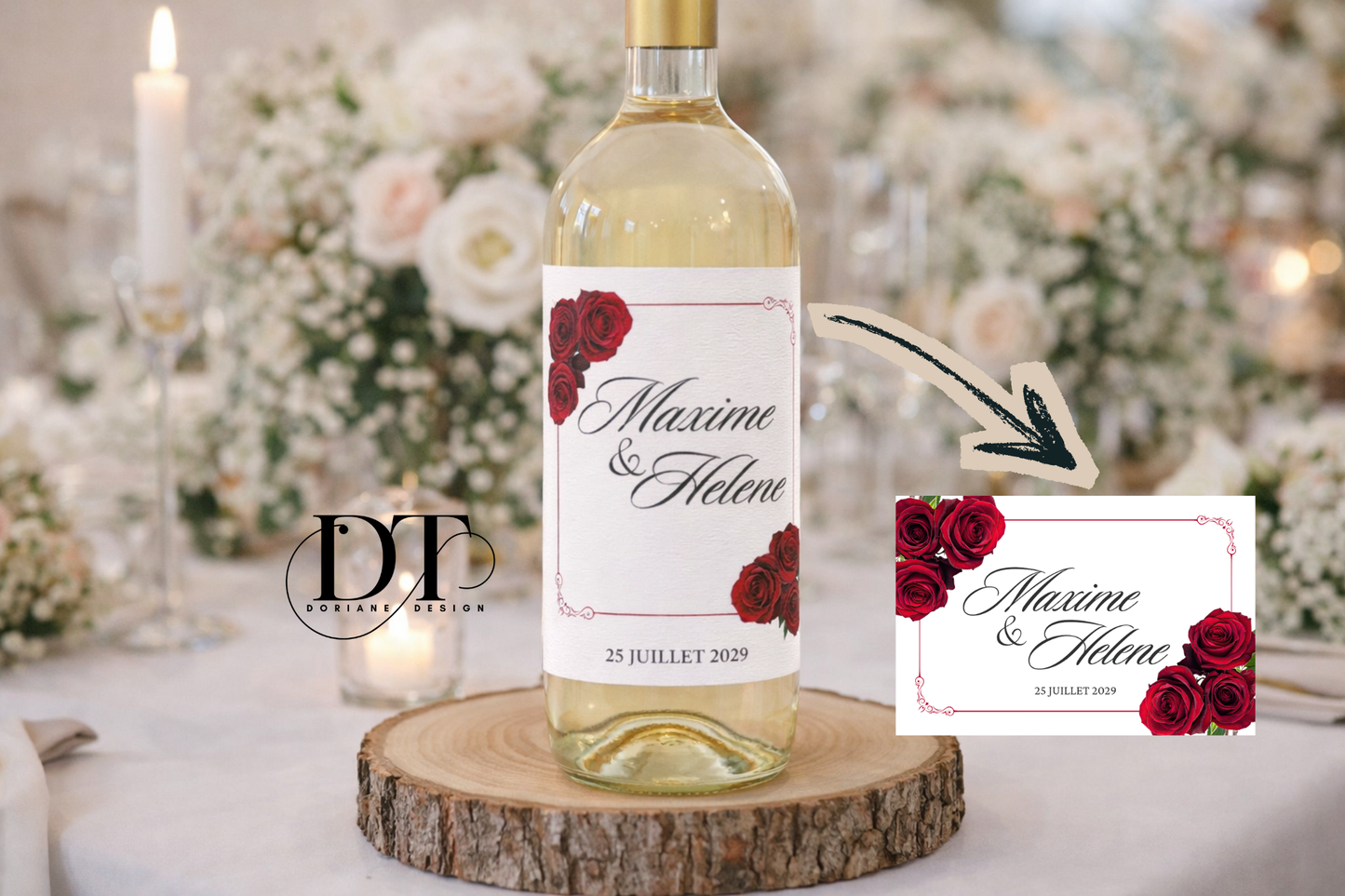 Etiquette bouteille personnalisé roses rouges