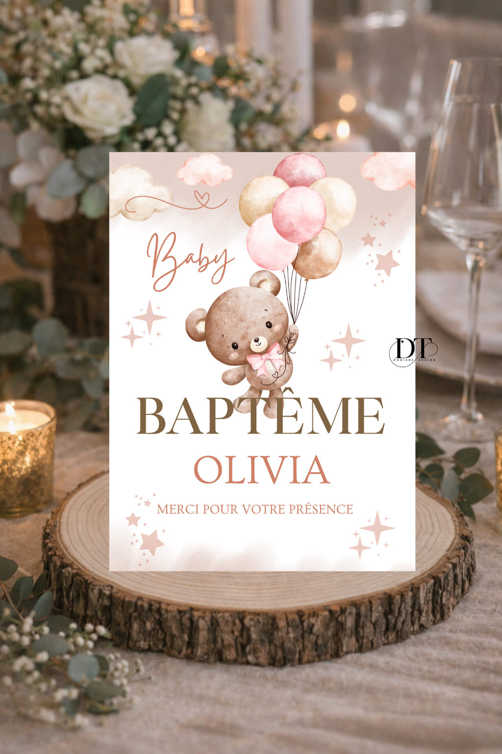 Panneau baptême ourson & ballons pastel – style bohème bébé