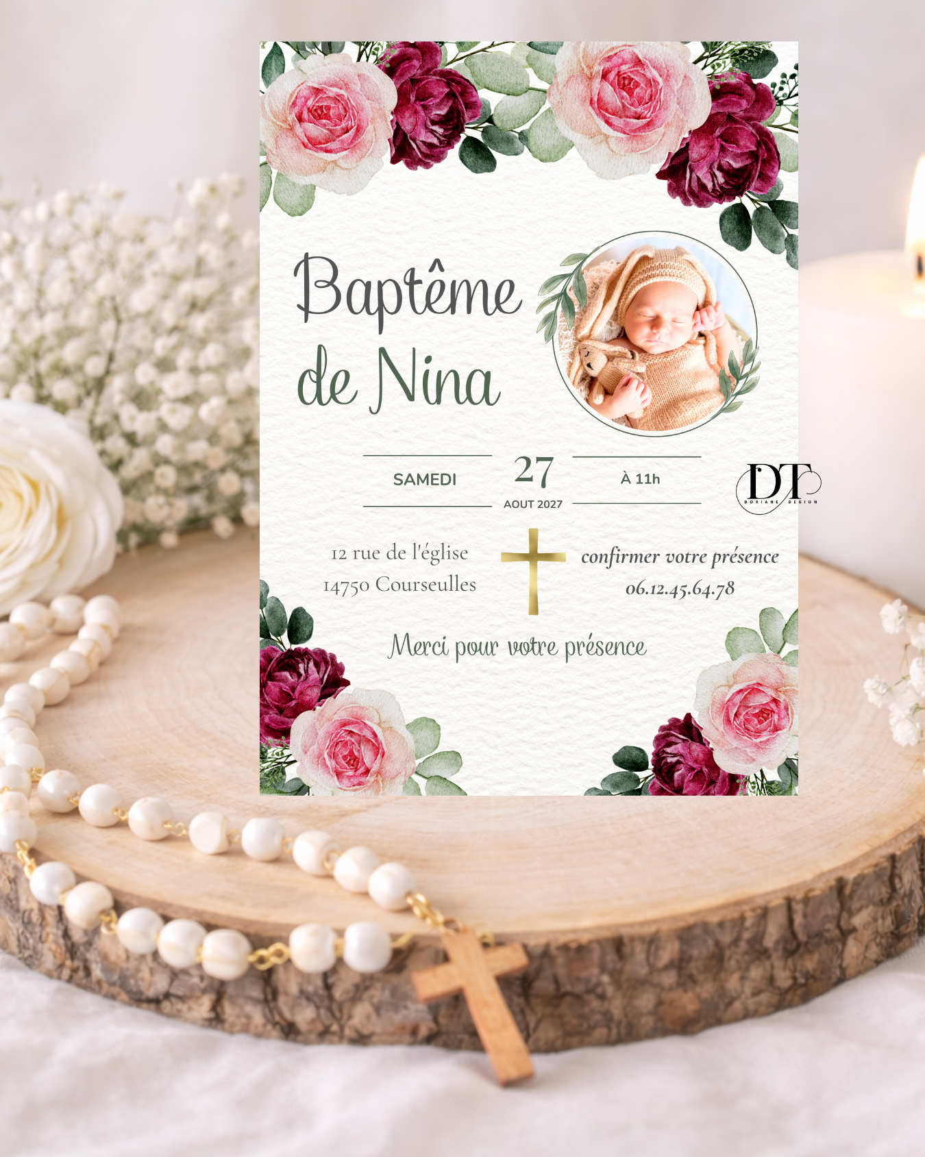 Faire-part de baptême floral roses