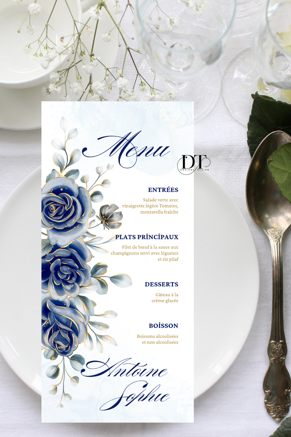 Menu mariage Floral Bleu Royal & Élégance Luxe