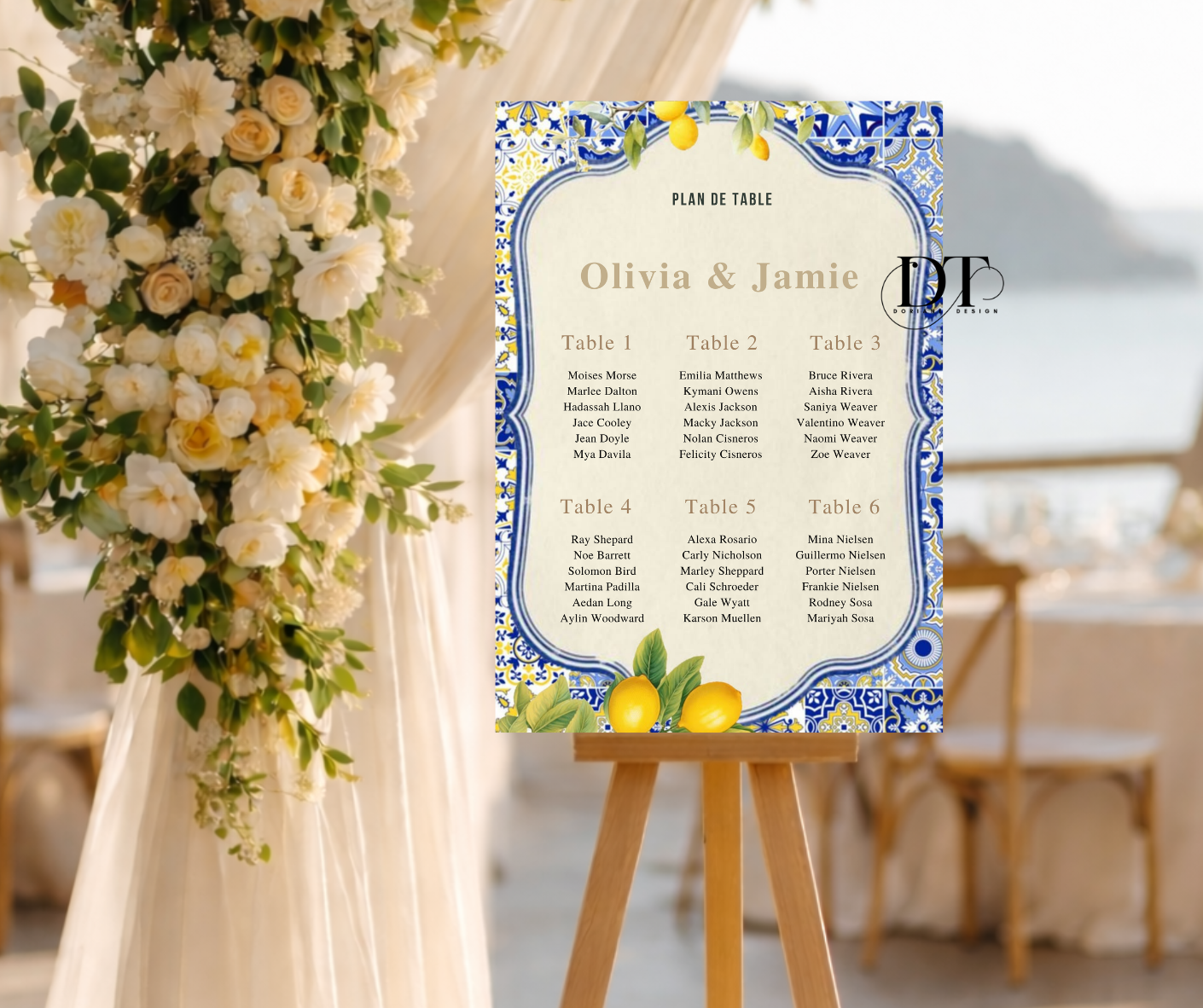 Plan de table personnalisé dolce vita bleu et citron colorées panneau métal A4 panneau plan de table mariage baptême anniversaire Plan de table
