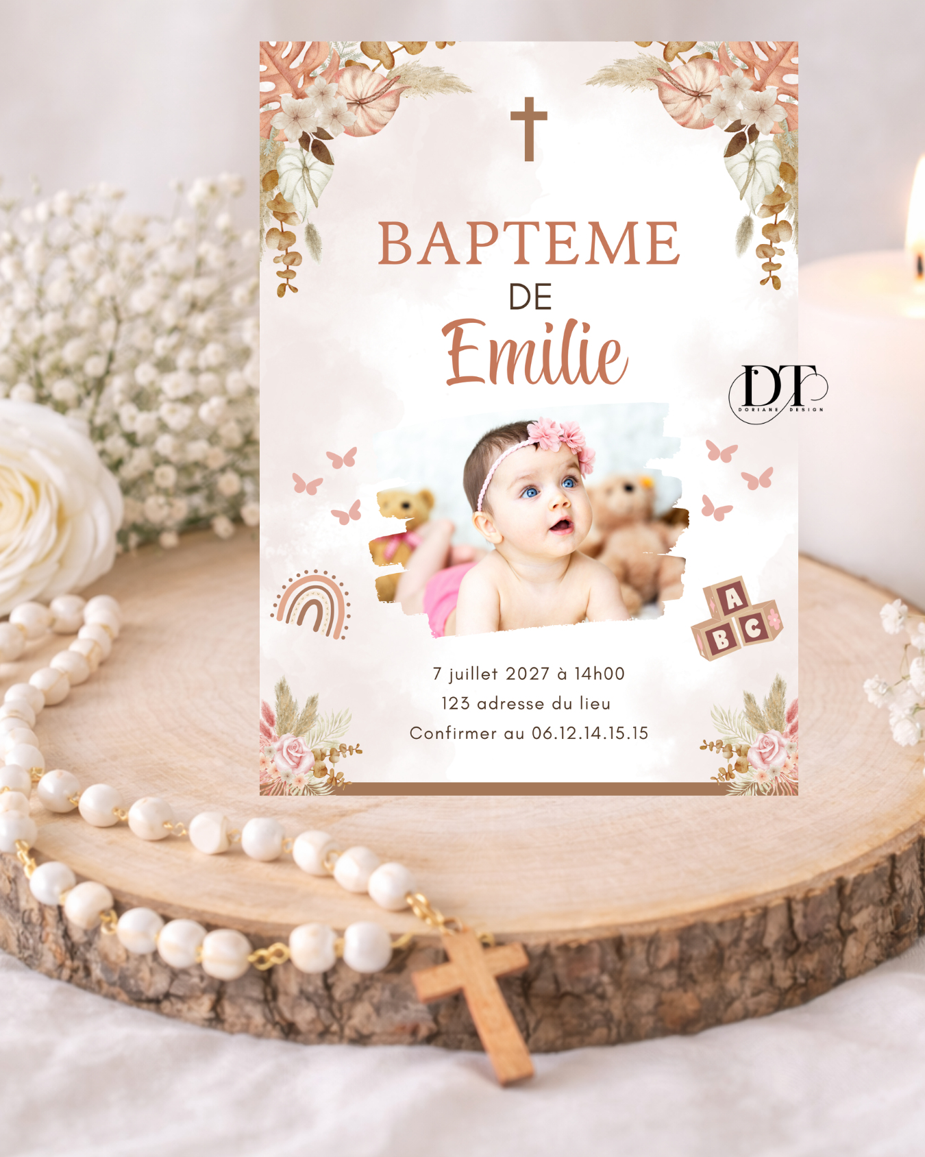 Faire-part de baptême champêtre floral