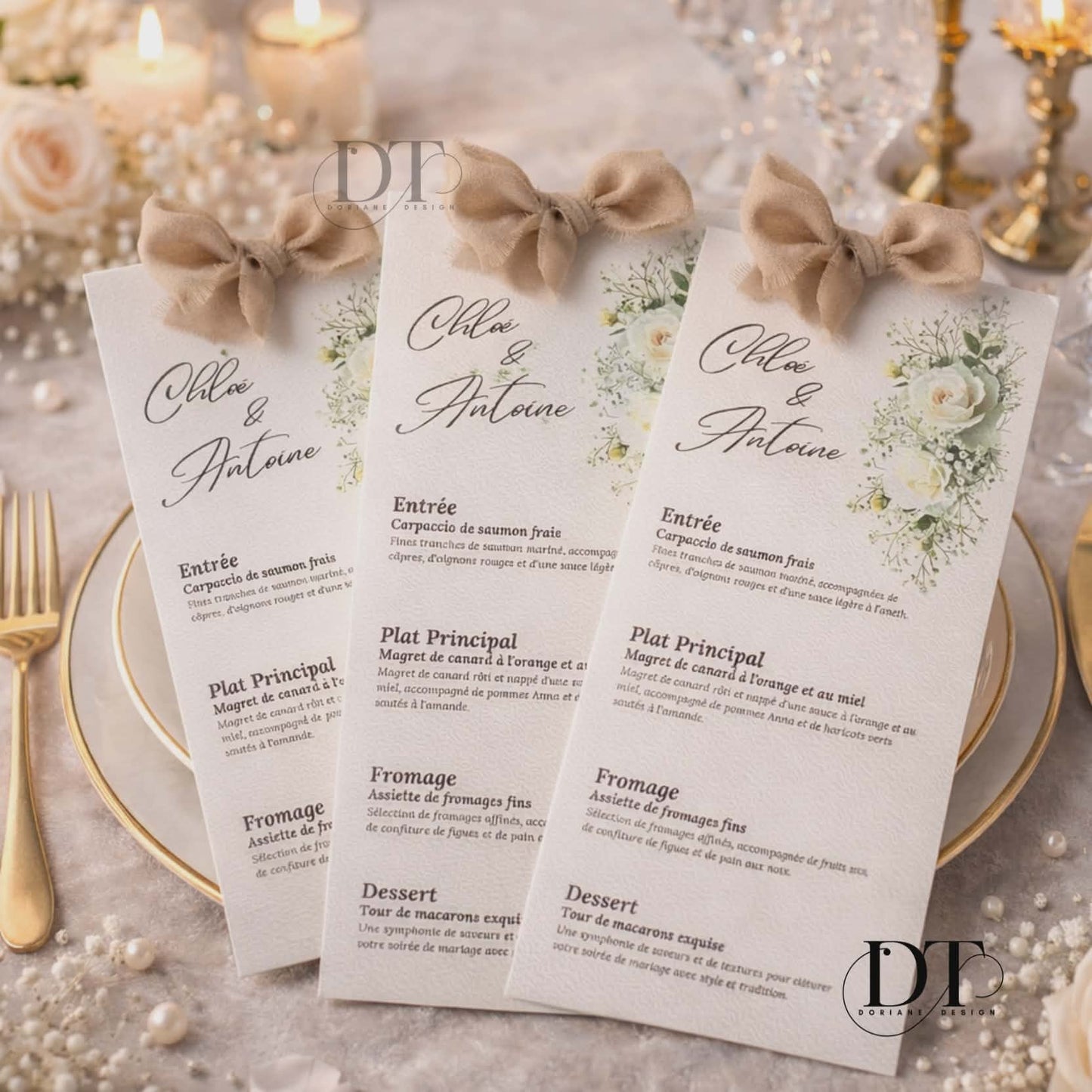 Menu mariage personnalisée blanc créme et roses blanche avec ruban  menu chic