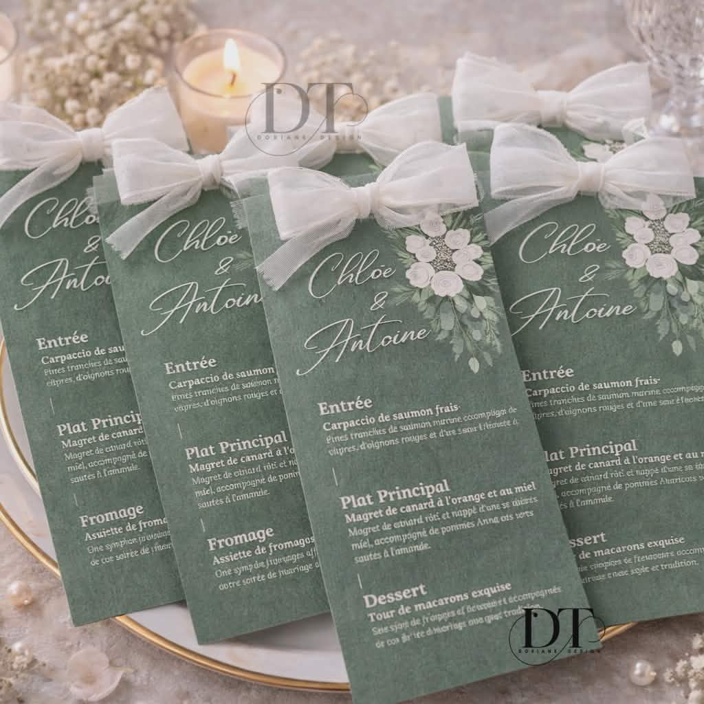 Menu mariage personnalisé vert Sauge et joli ruban – Élégant & sur mesure