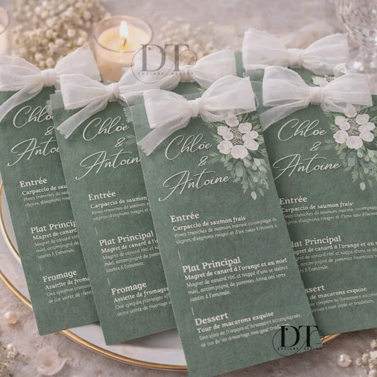 Menu mariage personnalisé vert Sauge et joli ruban – Élégant & sur mesure