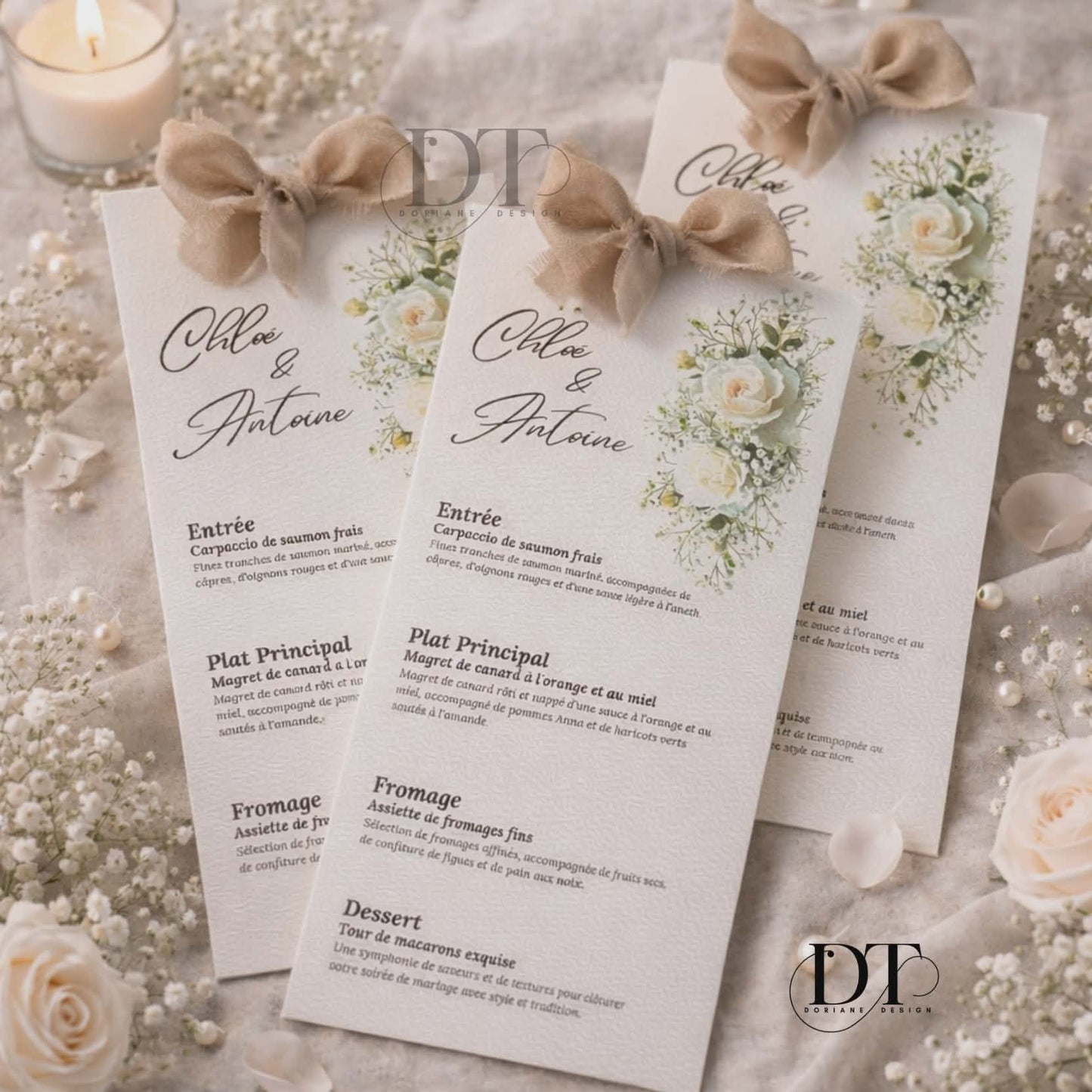 Menu mariage personnalisée blanc créme et roses blanche avec ruban  menu chic
