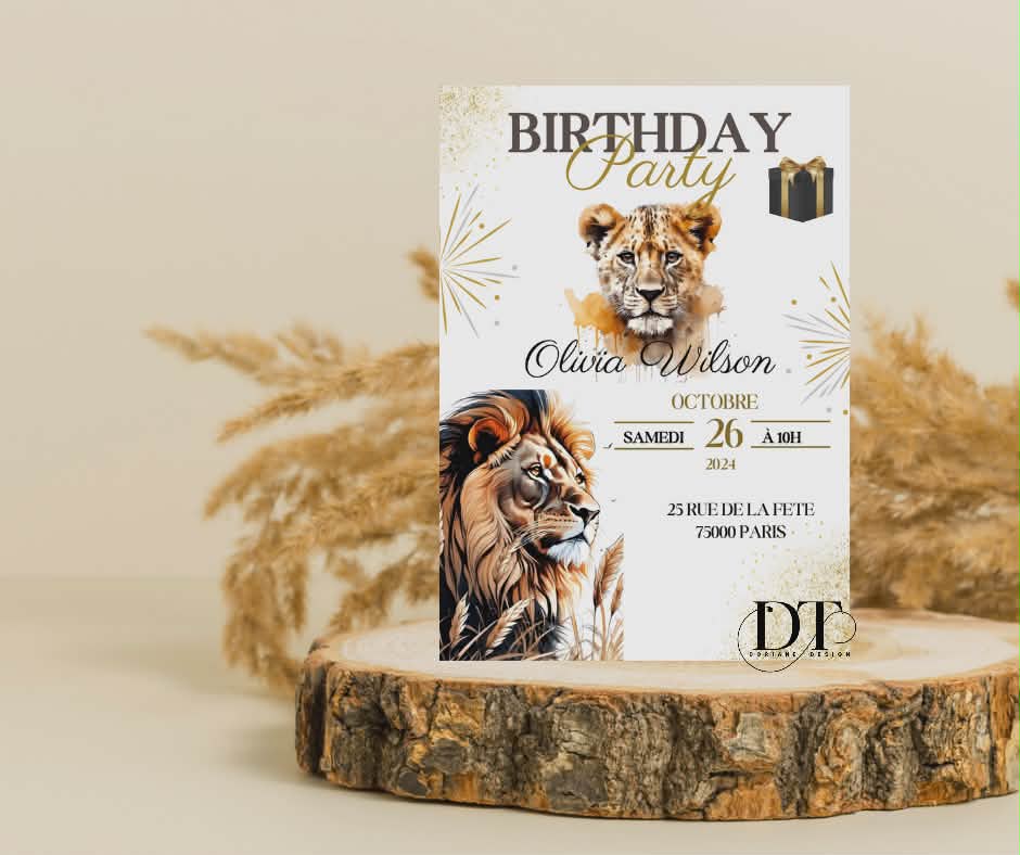 Invitation anniversaire Lions Lionne animaux