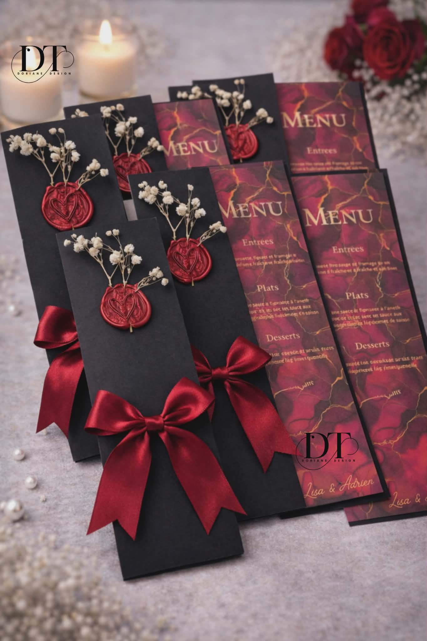 Menu Mariage personnalisé rouge & noir Ultra chic ruban , fleurs & cire