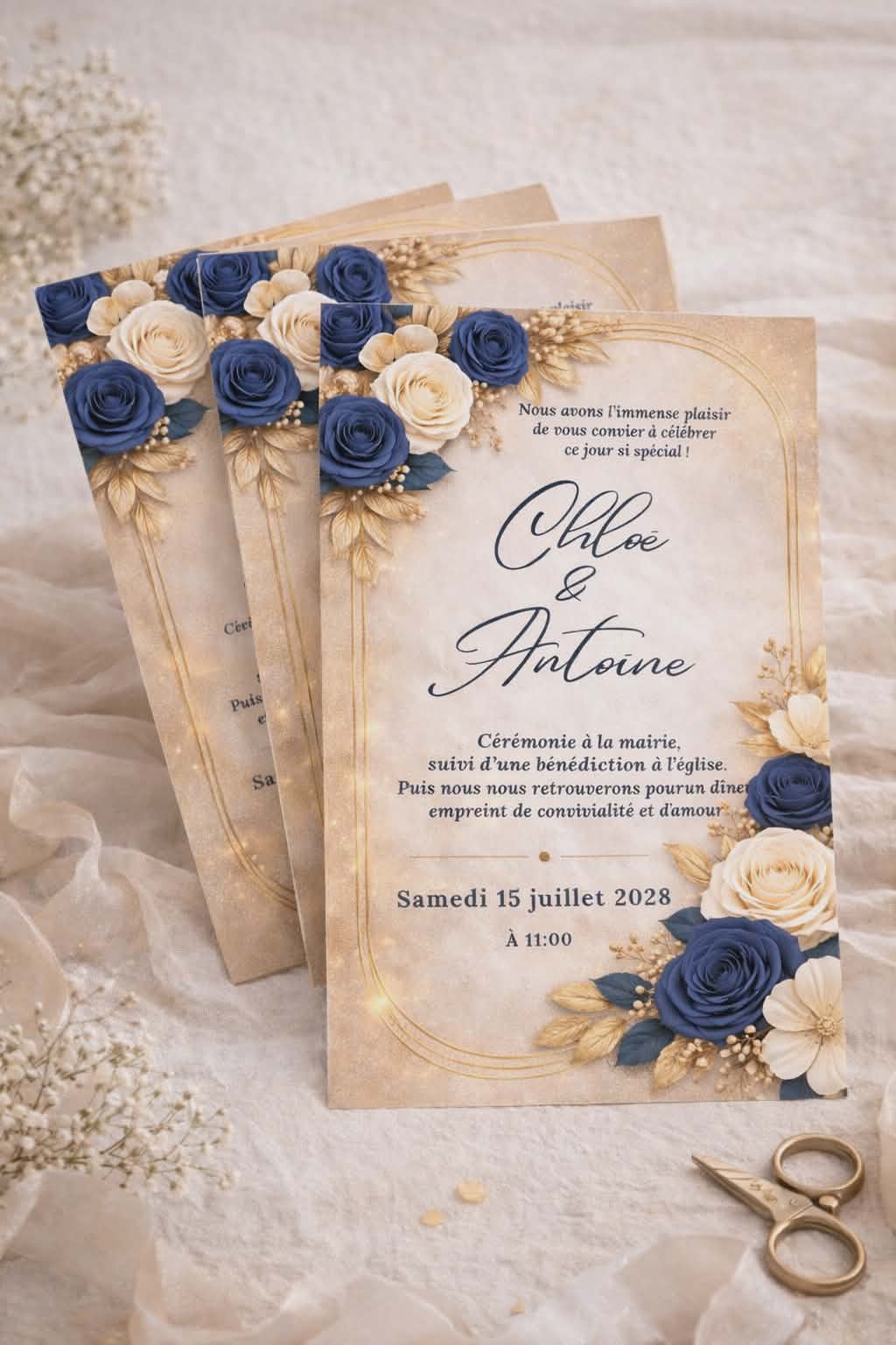 Faire part mariage bleu or chic , faire part floral luxe