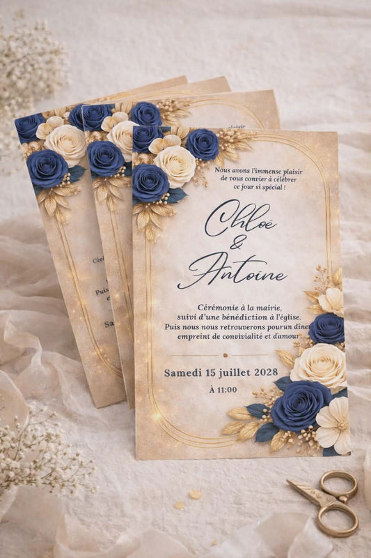 Faire part mariage bleu or chic , faire part floral luxe