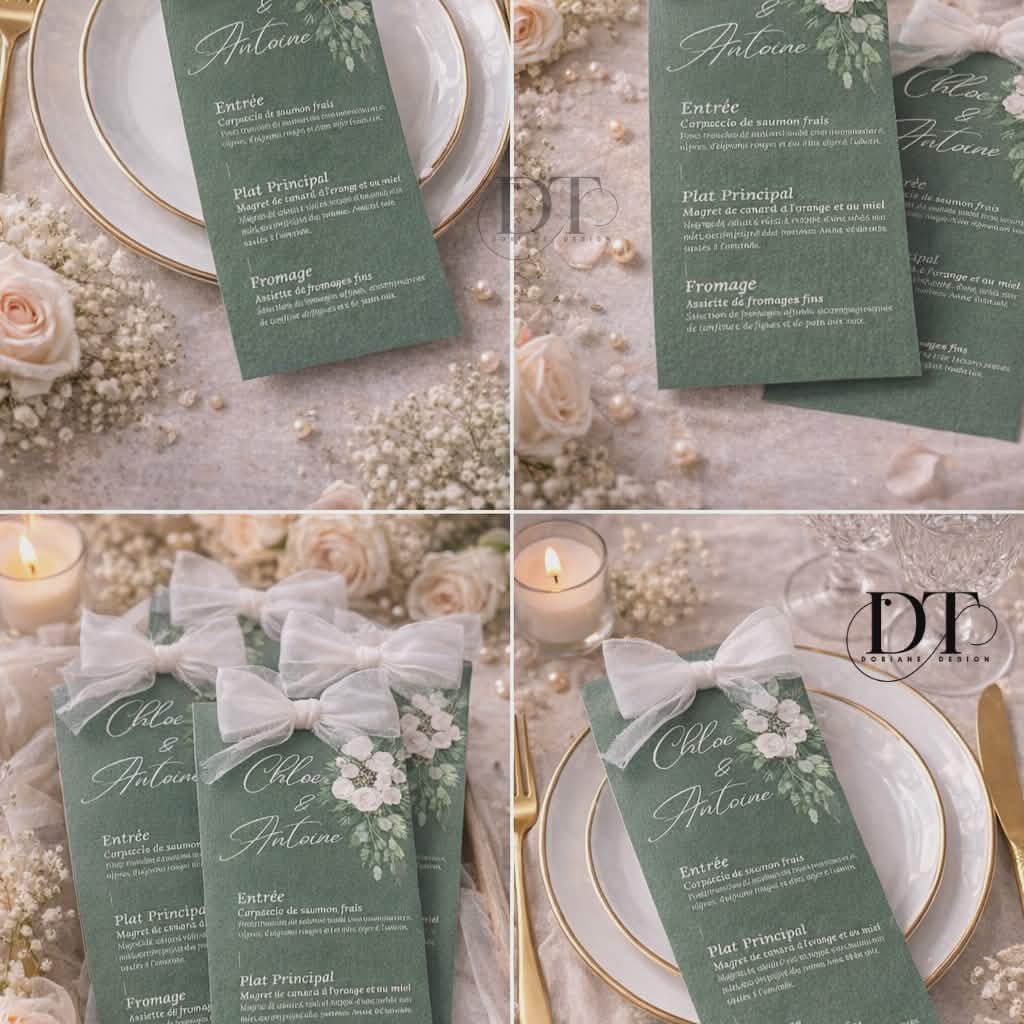 Menu mariage personnalisé vert Sauge et joli ruban – Élégant & sur mesure