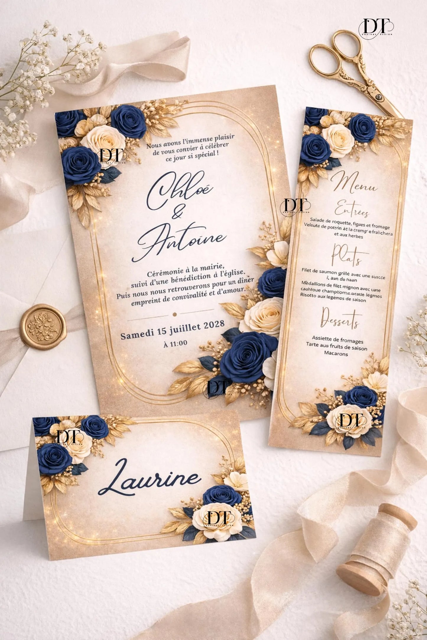 Faire part mariage bleu or chic , faire part floral luxe