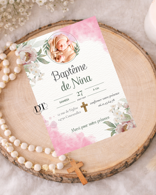 Faire-part de baptême floral rose