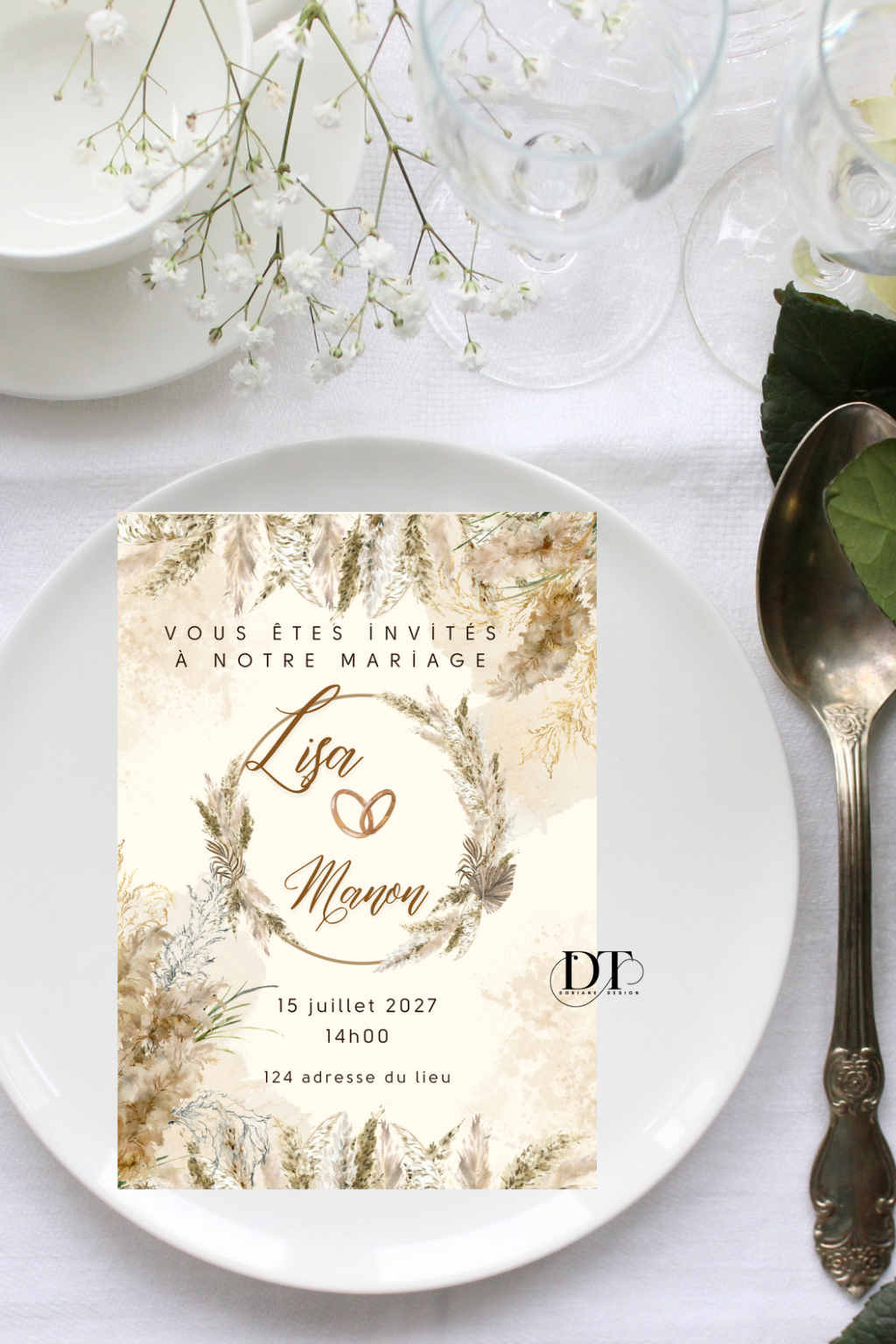 Faire-part mariage bohème chic fleurs séchées – invitation mariage champêtre personnalisée