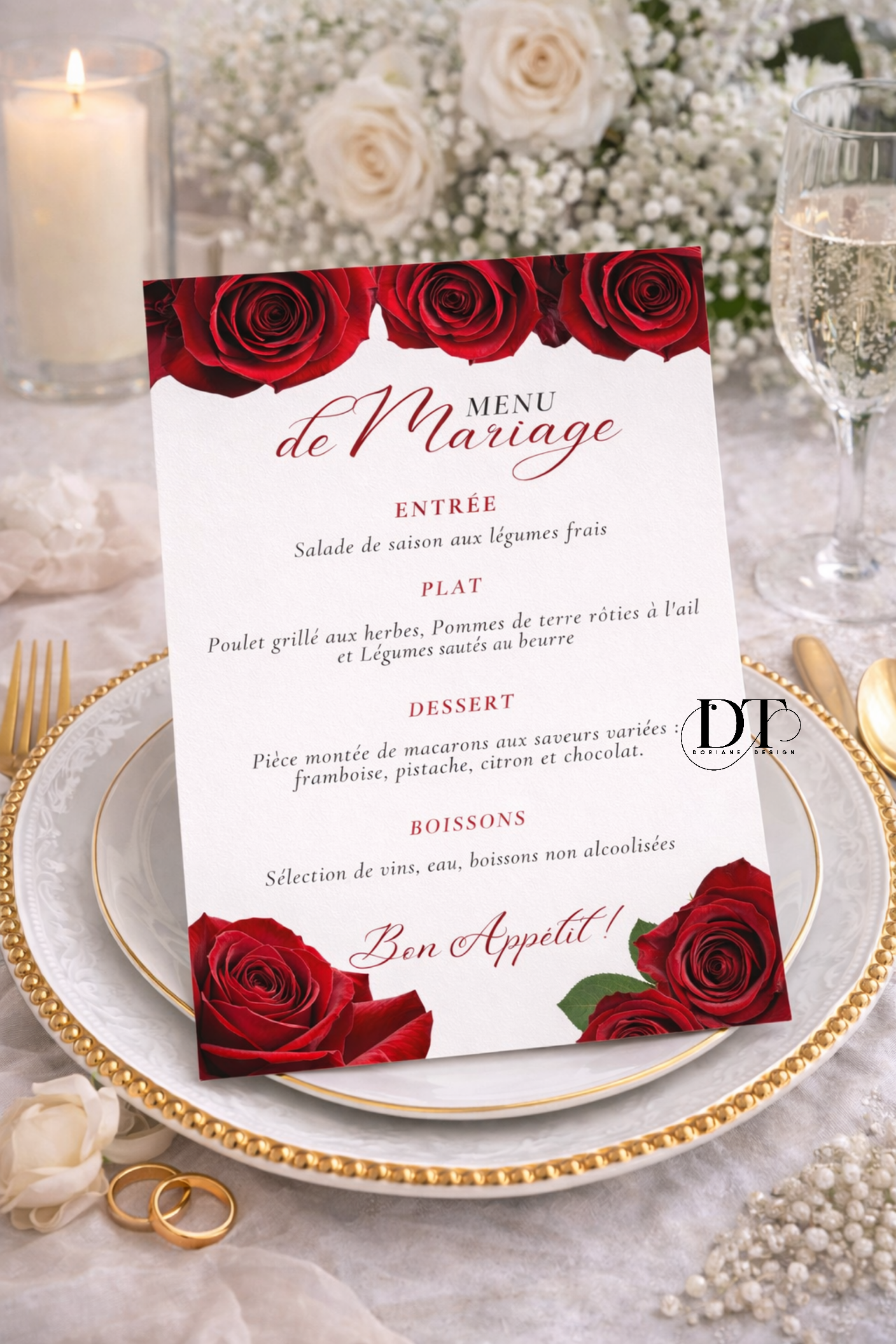 Menu mariage floral Roses rouges
