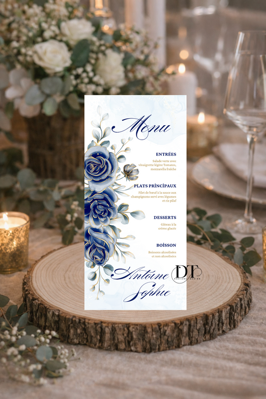 Menu mariage Floral Bleu Royal & Élégance Luxe