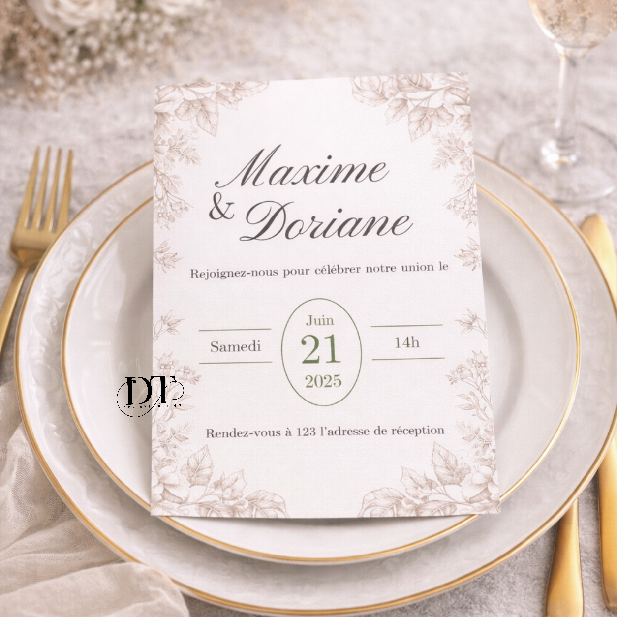 Faire part mariage minimaliste ornements gris