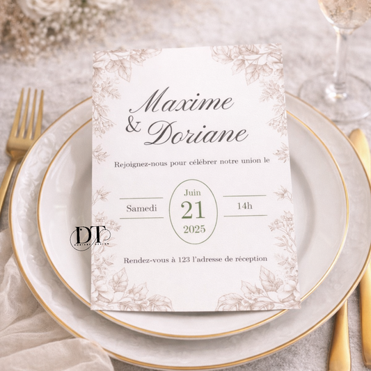 Faire part mariage minimaliste ornements gris