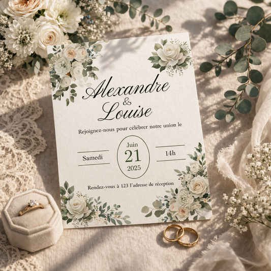 Faire part mariage roses blanches