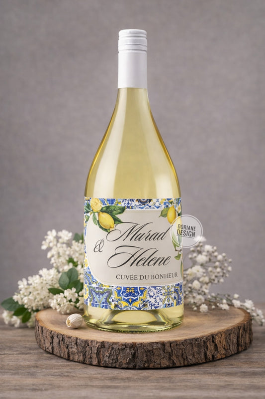 Etiquette bouteille personnalisé mariage Dolce vita citrons etiquette jaune et bleu