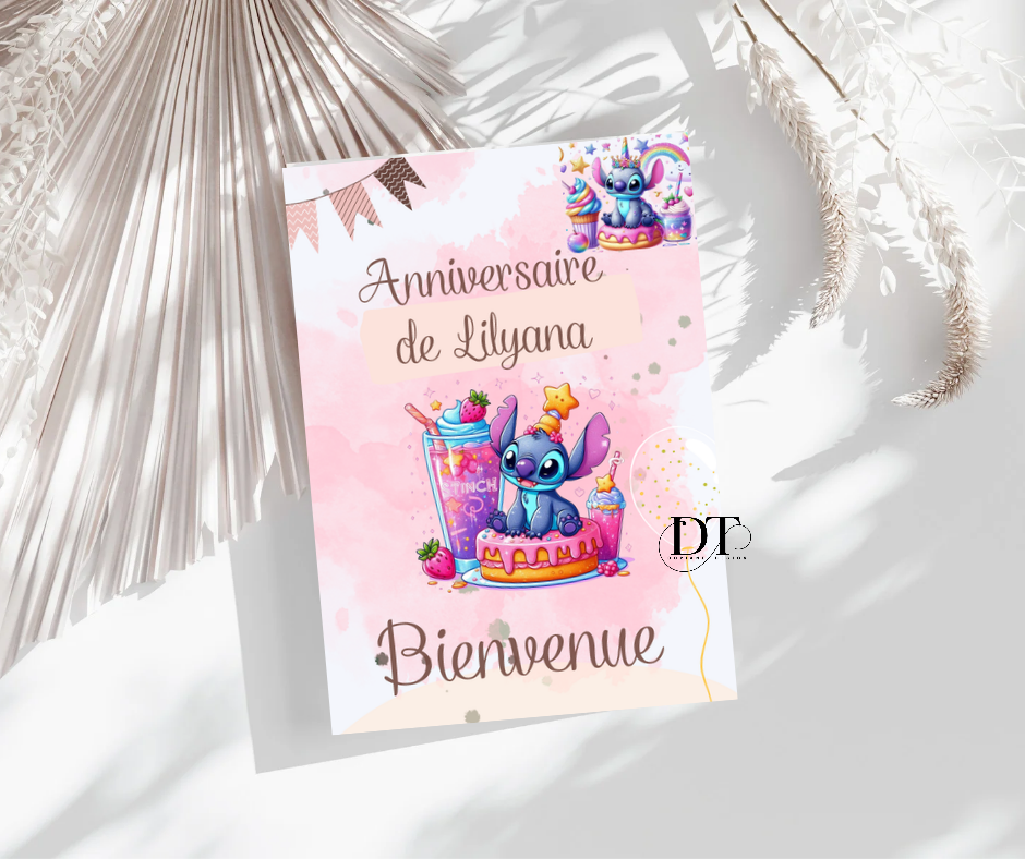 Invitation anniversaire Stitch modele rose