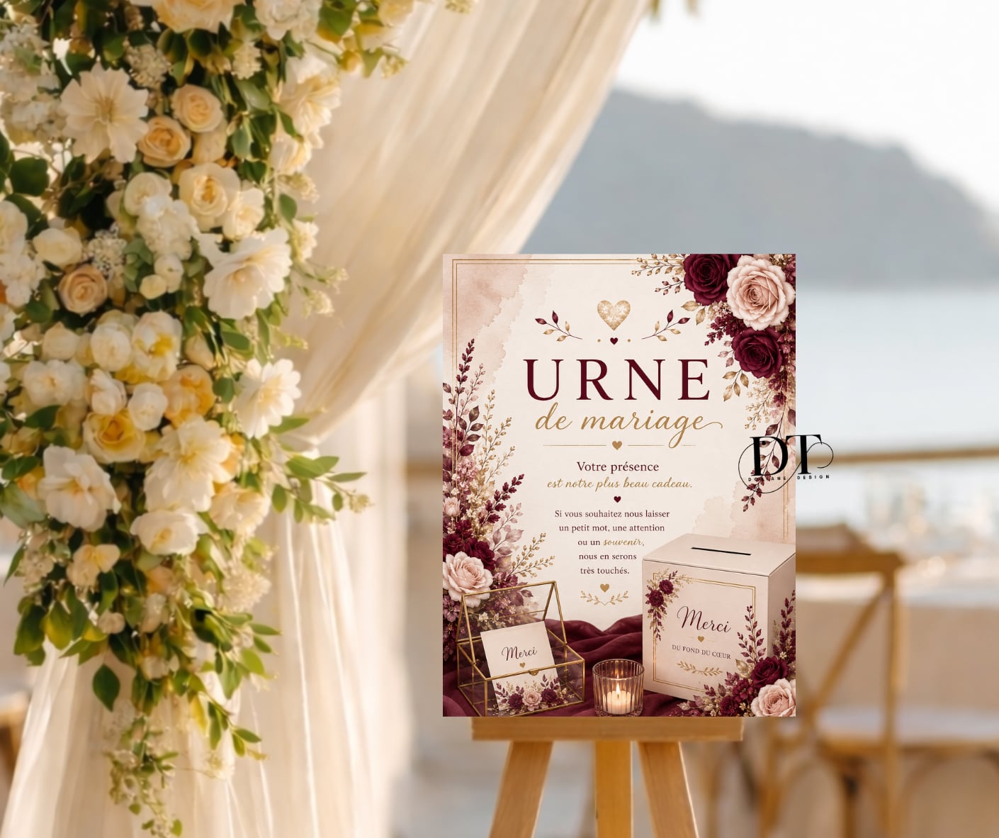Panneau Urne de mariage personnalisé affiche urne mariage bordeau