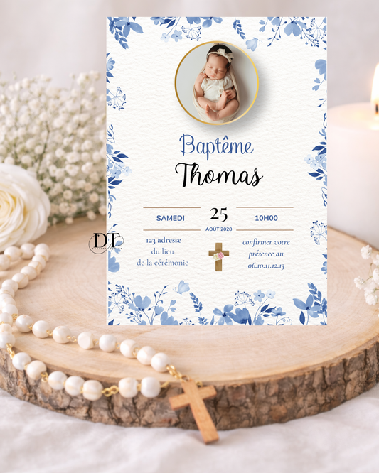 Faire-part de baptême floral bleu