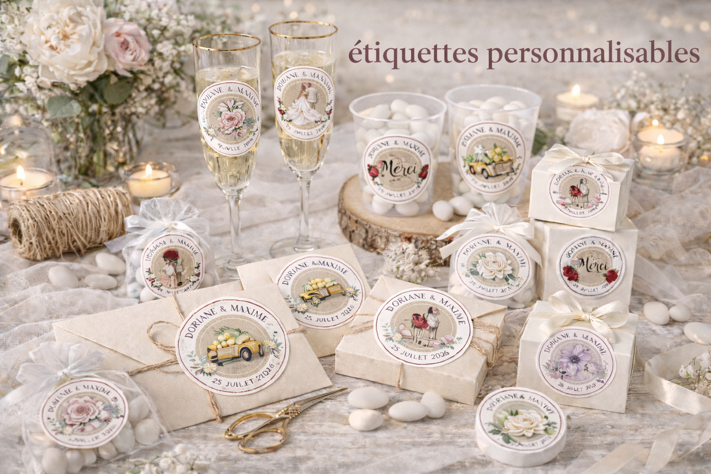 Étiquettes personnalisables mariage – stickers personnalisés waterproof autocollantes – autocollants pour gobelets, flûtes, invitations, baptême, anniversaire
