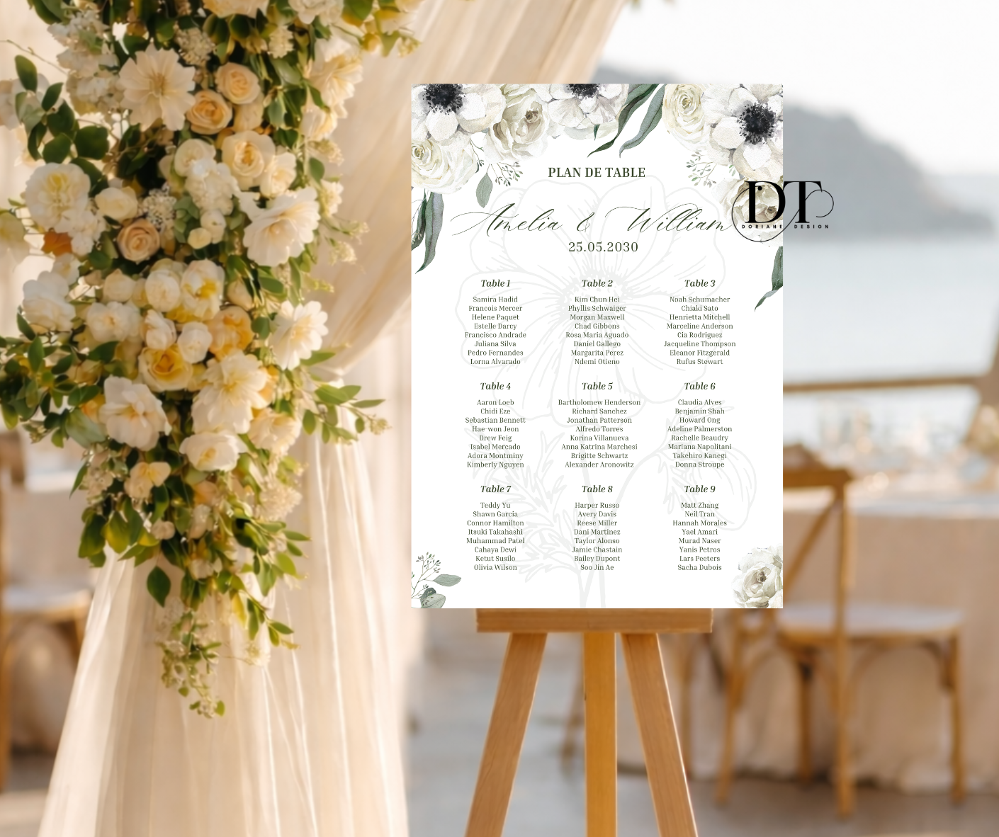 Plan de table personnalisé floral vert & blanc panneau métal A4 panneau plan de table mariage baptême anniversaire Plan de table